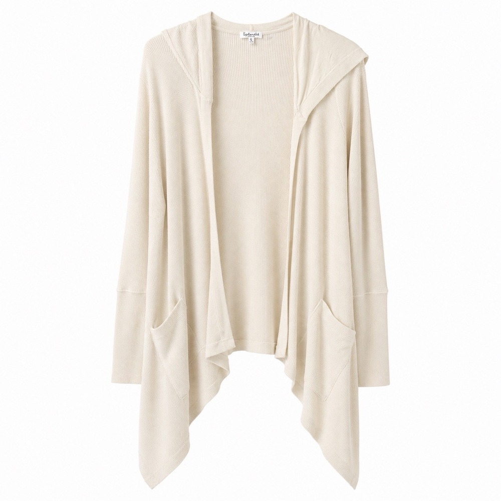 Women's Med Waffle Knit Cabincore Cozy Long Thermal Pockets Cardigan Soft Hooded
